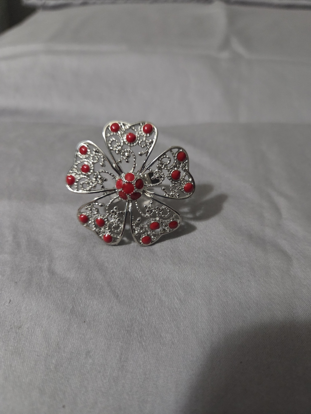 Silver Floral Statement Ring with Red Accents